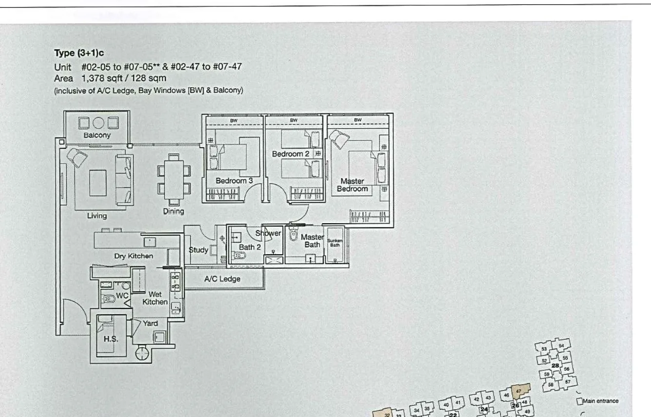 Ferraria Park Condo floor plan, type (3+1)c: 3-Bedroom + Study, 1,378 sq ft