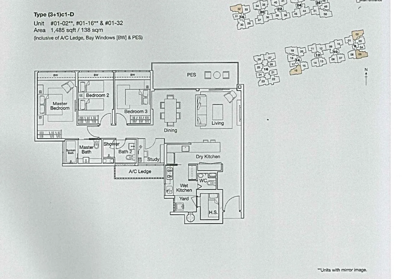 Ferraria Park Condo floor plan, type (3+1)c1-D: 3-Bedroom + Study, 1,485 sq ft