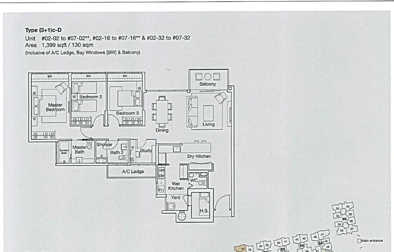 Ferraria Park Condo floor plan, type (3+1)c-D: 3-Bedroom + Study, 1,399 sq ft