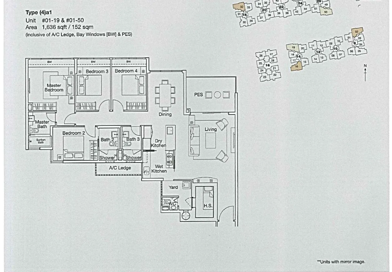 Ferraria Park Condo floor plan, type (4)a1: 4-Bedroom, 1,636 sq ft