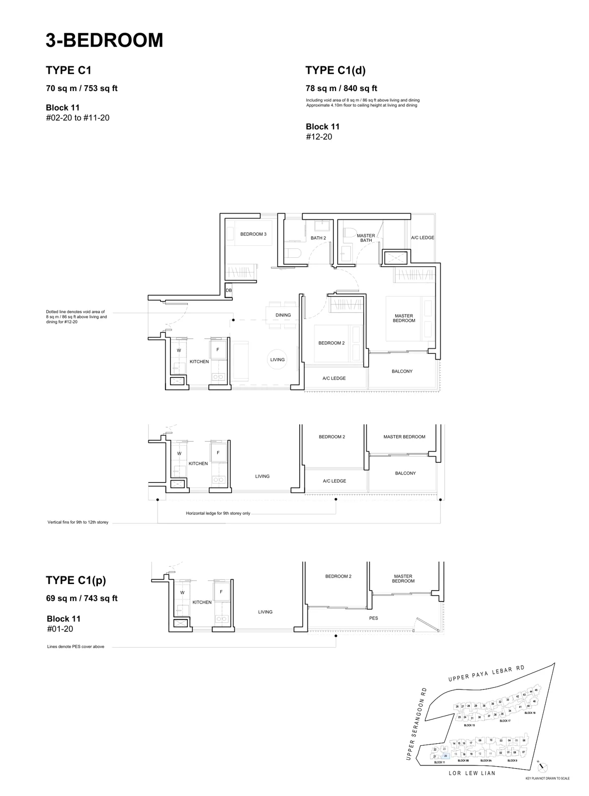 Forest Woods floor plan, type C1(p): 3-Bedroom, 743 sq ft