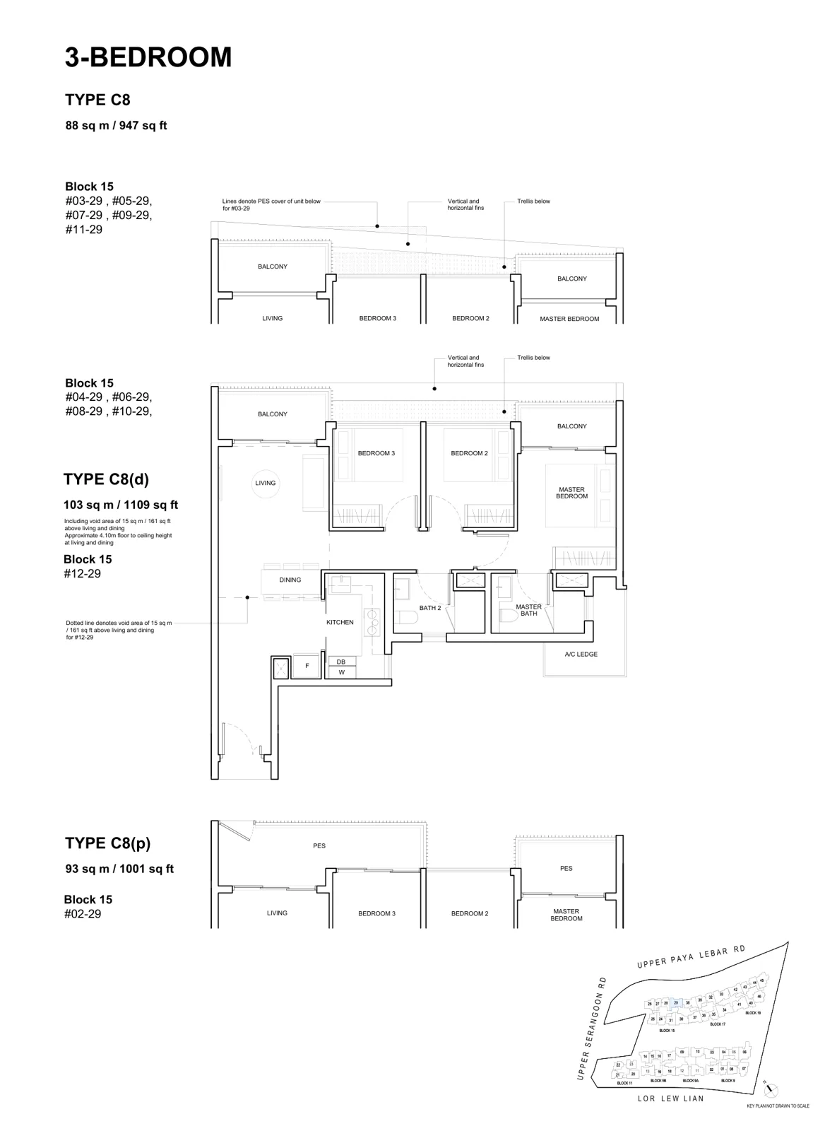 Forest Woods floor plan, type C8: 3-Bedroom, 947 sq ft