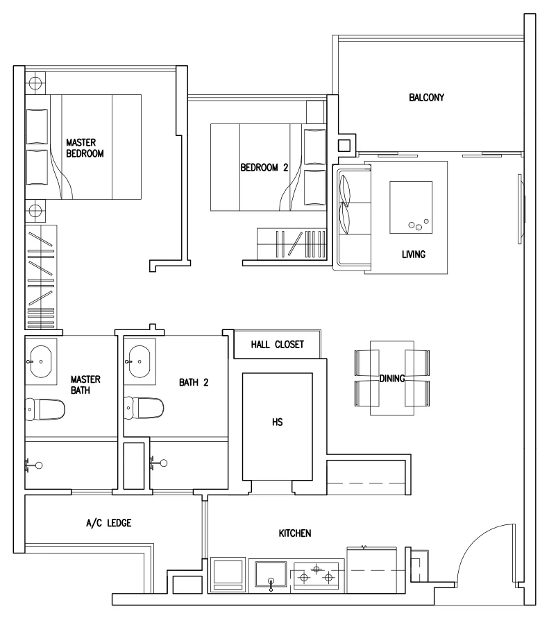 Forestville floor plan, type B1: 2-Bedroom, 850 sq ft
