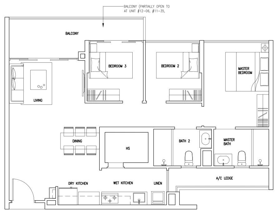 Forestville floor plan, type C4: 3-Bedroom, 1,033 sq ft