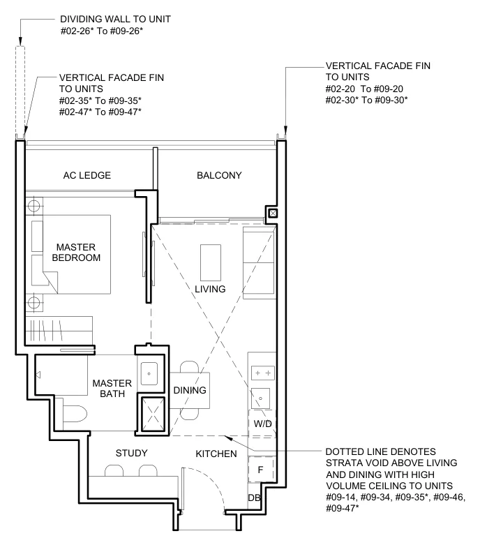 Forett at Bukit Timah floor plan, type AS1a: 1 Bedroom + Study, 474 sq ft
