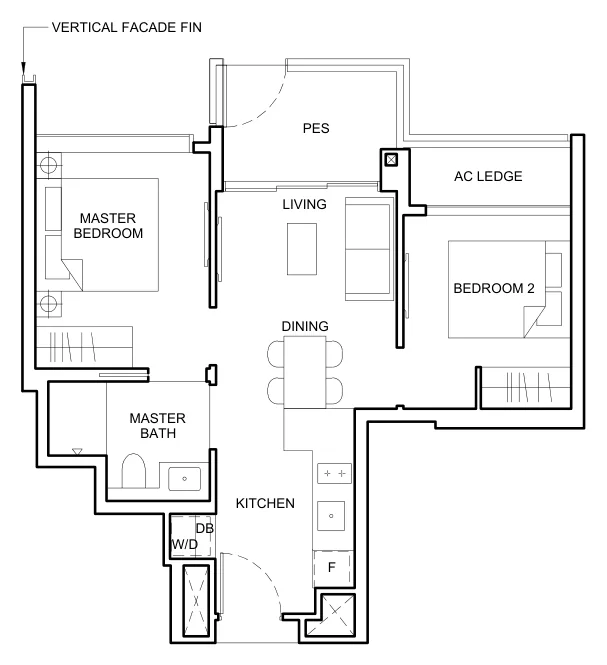 Forett at Bukit Timah floor plan, type B1(p): 2 Bedroom, 549 sq ft