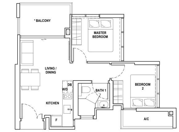 Fyve Derbyshire floor plan, type A1: 2-Bedroom, 560 sq ft