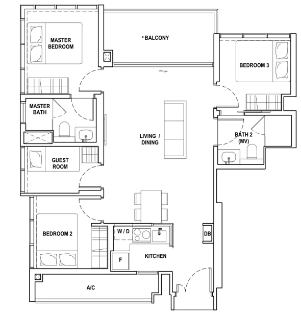 Fyve Derbyshire floor plan, type C: 3-Bedroom + Guest Room, 936 sq ft