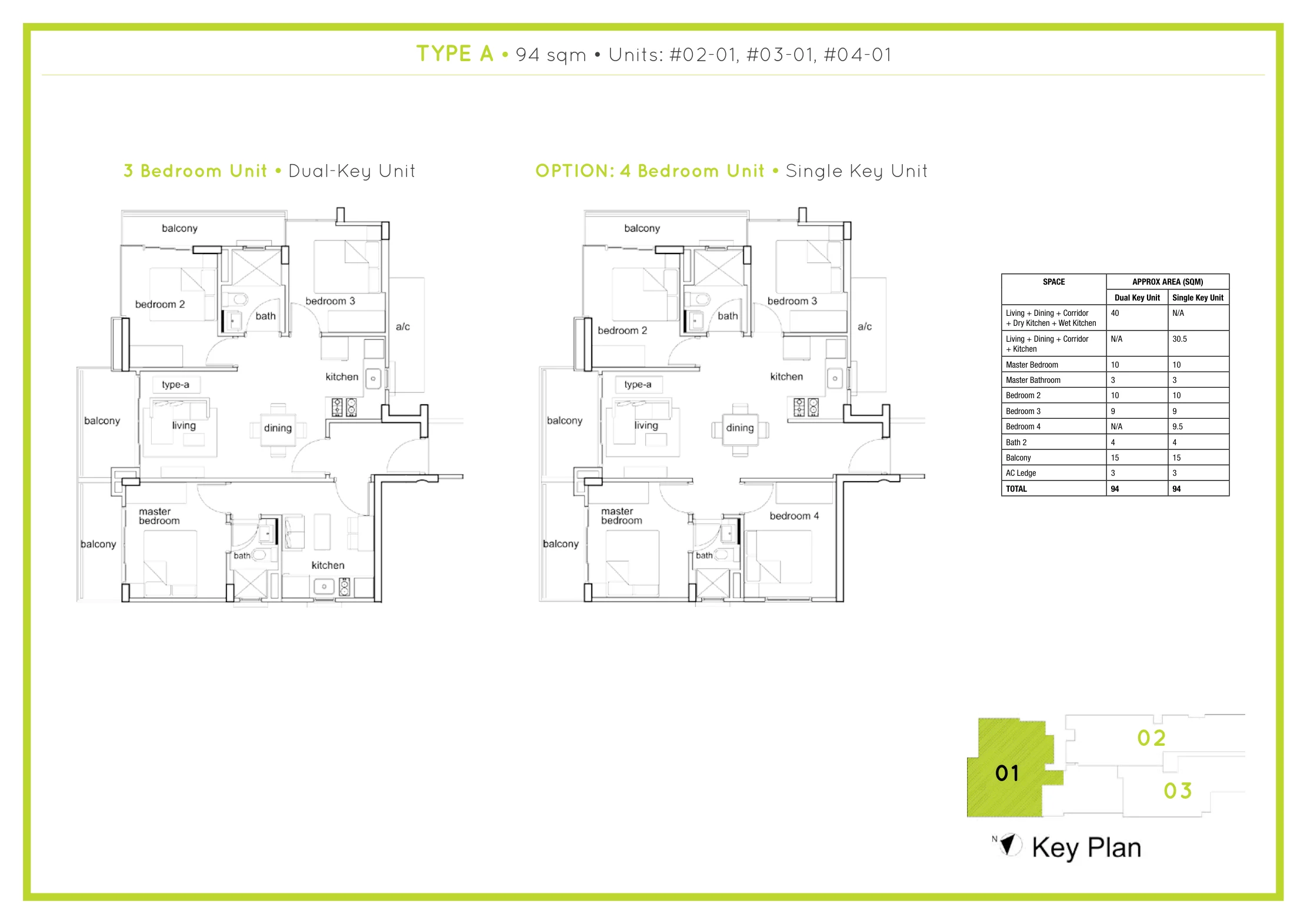 G Residences floor plan, type A: 3-Bedroom, 1,012 sq ft