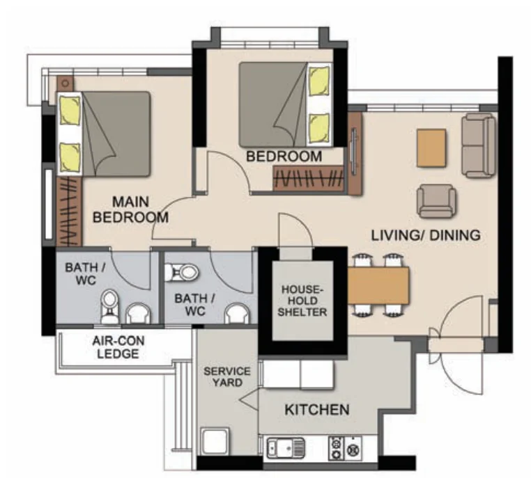 Ghim Moh Edge floor plan, type 3R: 3-room, 68 sqm, 732 sq ft