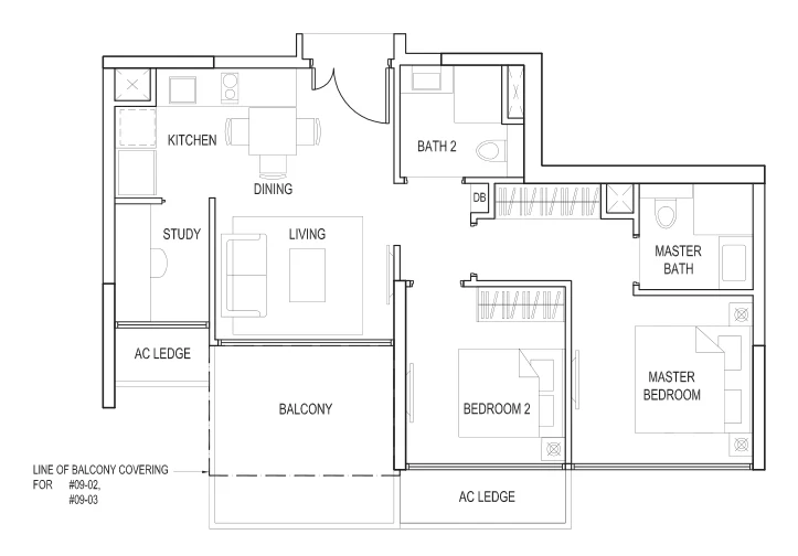 Goodwood Grand floor plan, type BS1: 2-Bedroom + Study, 775 sq ft