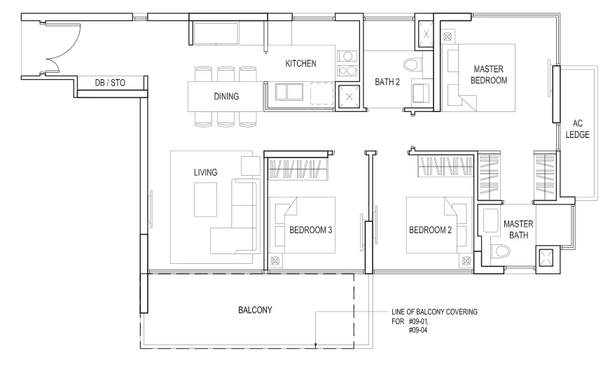 Goodwood Grand floor plan, type C1: 3-Bedroom (incl. 3-Bedroom + Utility), 1,044 sq ft