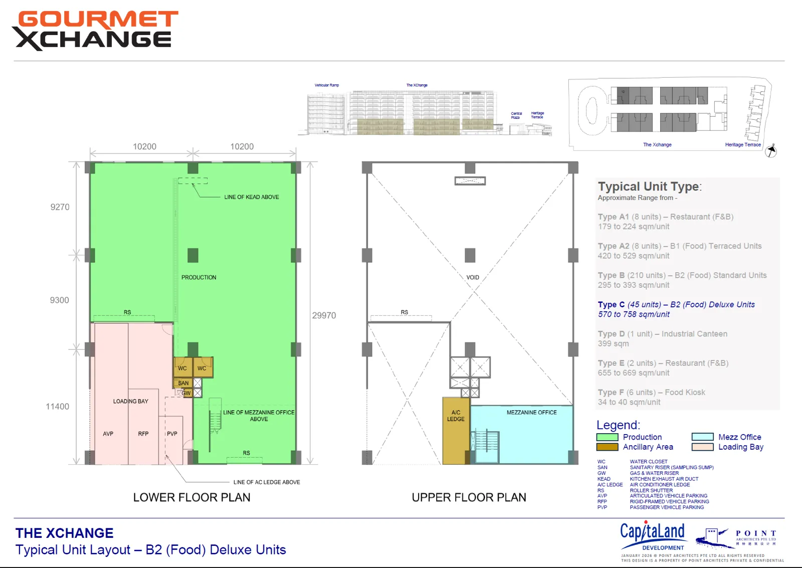 Gourmet Xchange floor plan, type C: Deluxe unit 6,135-7,976 sq ft (storeys 1-3), 7,416 sq ft