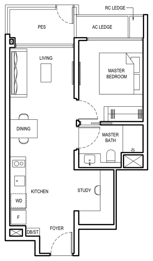Grand Dunman floor plan, type 1BR S3-PES: 1 Bedroom + Study, 592 sq ft