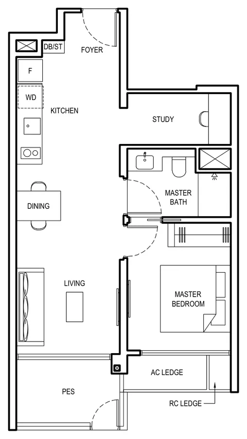 Grand Dunman floor plan, type 1BR S4-PES: 1 Bedroom + Study, 603 sq ft