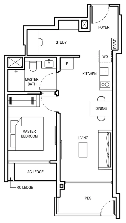 Grand Dunman floor plan, type 1BR S5-PES: 1 Bedroom + Study, 592 sq ft
