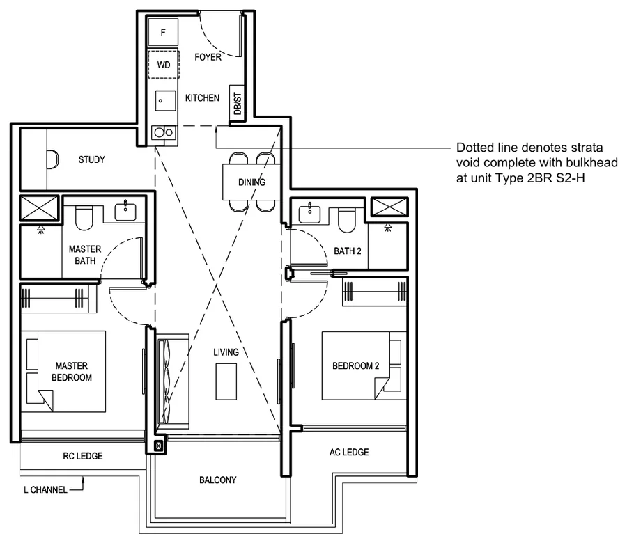 Grand Dunman floor plan, type 2BR S2: 2 Bedroom + Study, 775 sq ft