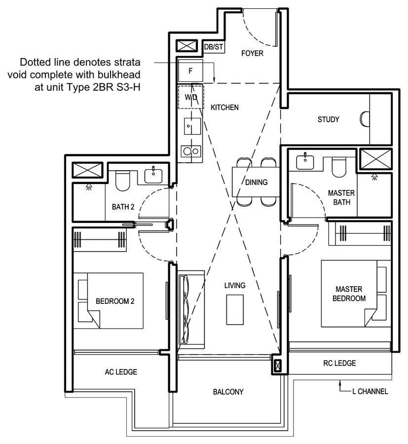Grand Dunman floor plan, type 2BR S3: 2 Bedroom + Study, 775 sq ft