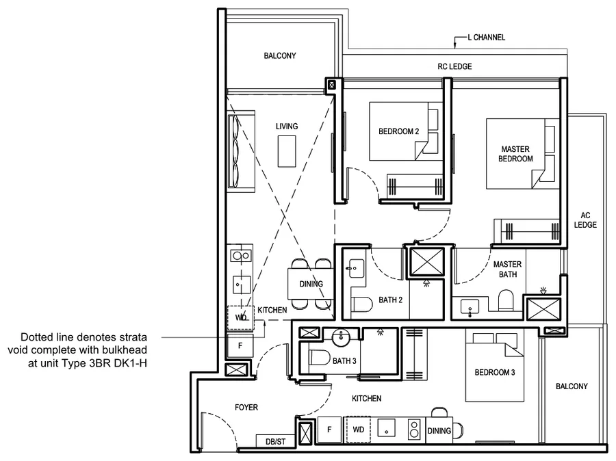 Grand Dunman floor plan, type 3BR DK1: 3 Bedroom Dual Key, 1,044 sq ft