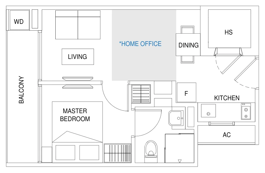 Guillemard Edge floor plan, type A: 1-Bedroom + Home Office, 409 sq ft