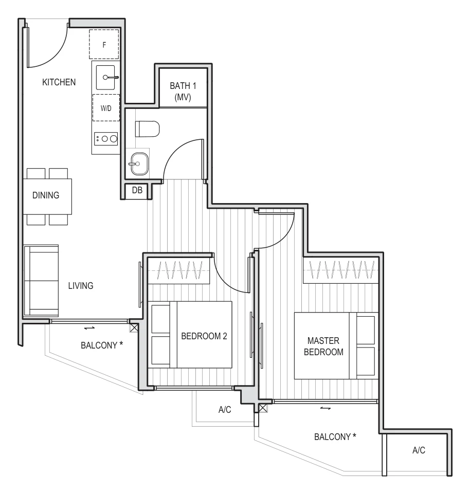 Harbour View Gardens floor plan, type A1: 2-Bedroom, 570 sq ft