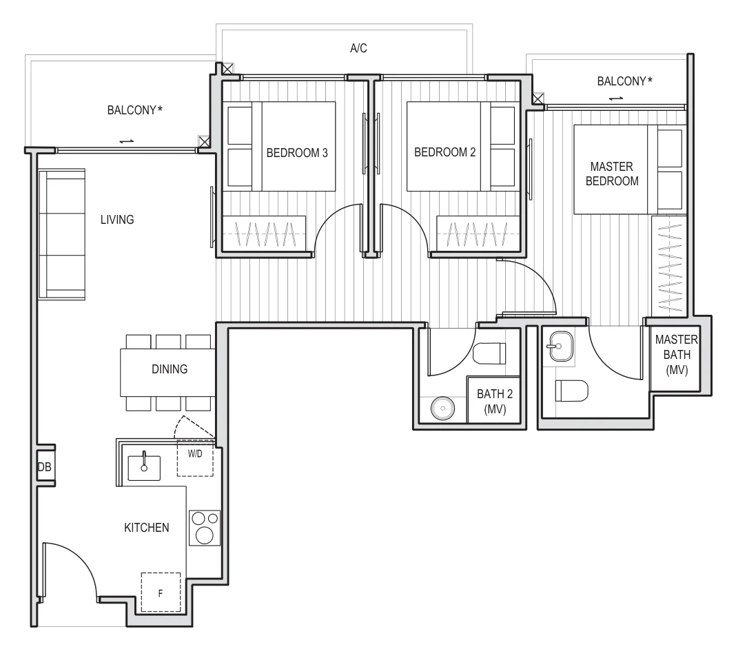 Harbour View Gardens floor plan, type C1: 3-Bedroom, 818 sq ft