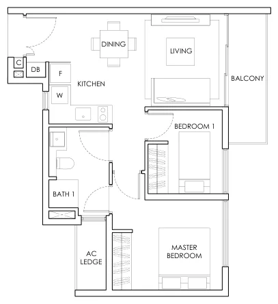 Highline Residences floor plan, type Bc2: 2-Bedroom, 635 sq ft