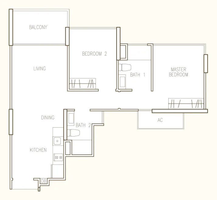 Hillion Residences floor plan, type B1: 2-Bedroom (B1, B1a, B1s), 710 sq ft