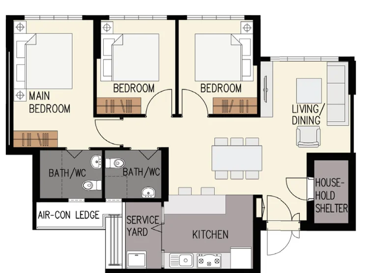 Hougang RiverCourt floor plan, type 4R: 4-room, 94 sqm, 1,012 sq ft
