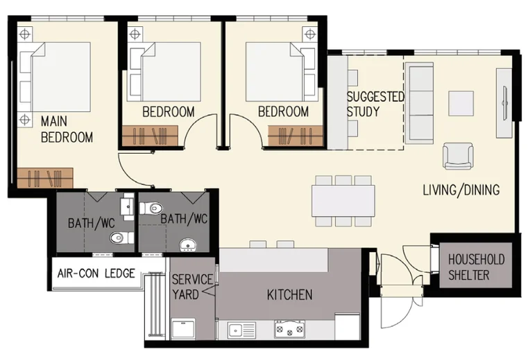 Hougang RiverCourt floor plan, type 5R: 5-room, 114 sqm, 1,227 sq ft