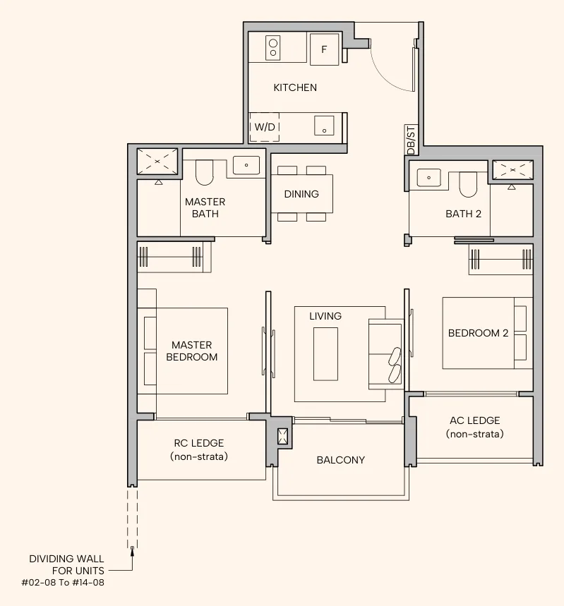 Hudson Place Residences floor plan, type B1a: 2-Bedroom Premium, 646 sq ft