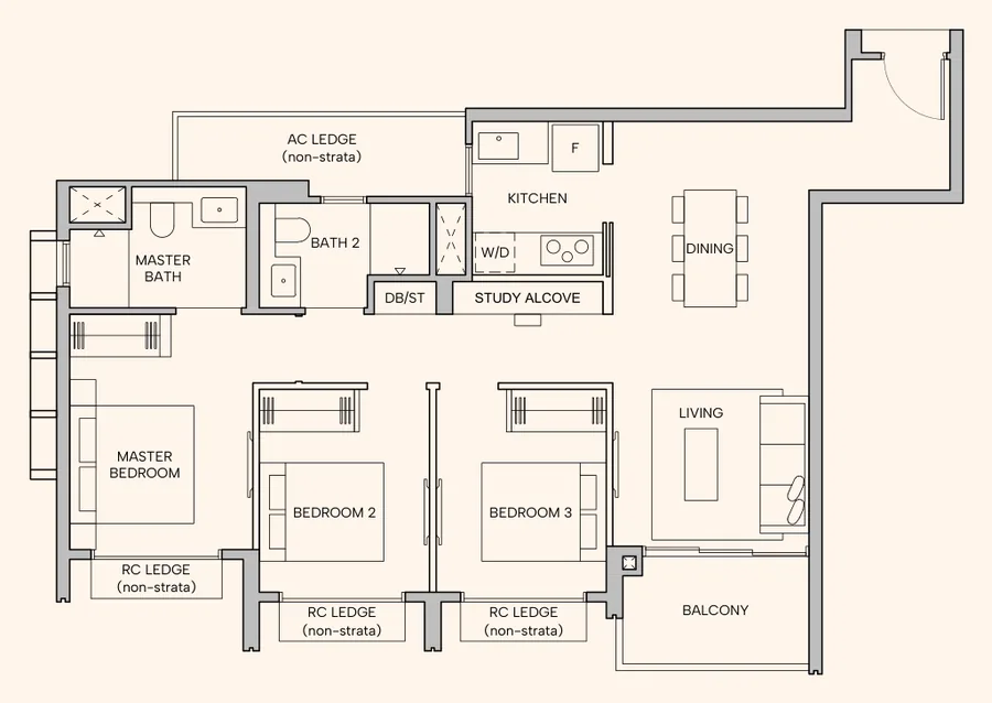 Hudson Place Residences floor plan, type C1: 3-Bedroom Deluxe, 893 sq ft