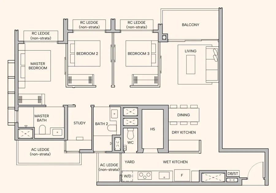 Hudson Place Residences floor plan, type C4: 3-Bedroom Premium + Study, 1,055 sq ft