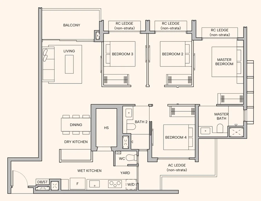 Hudson Place Residences floor plan, type D1a: 4-Bedroom Premium, 1,152 sq ft