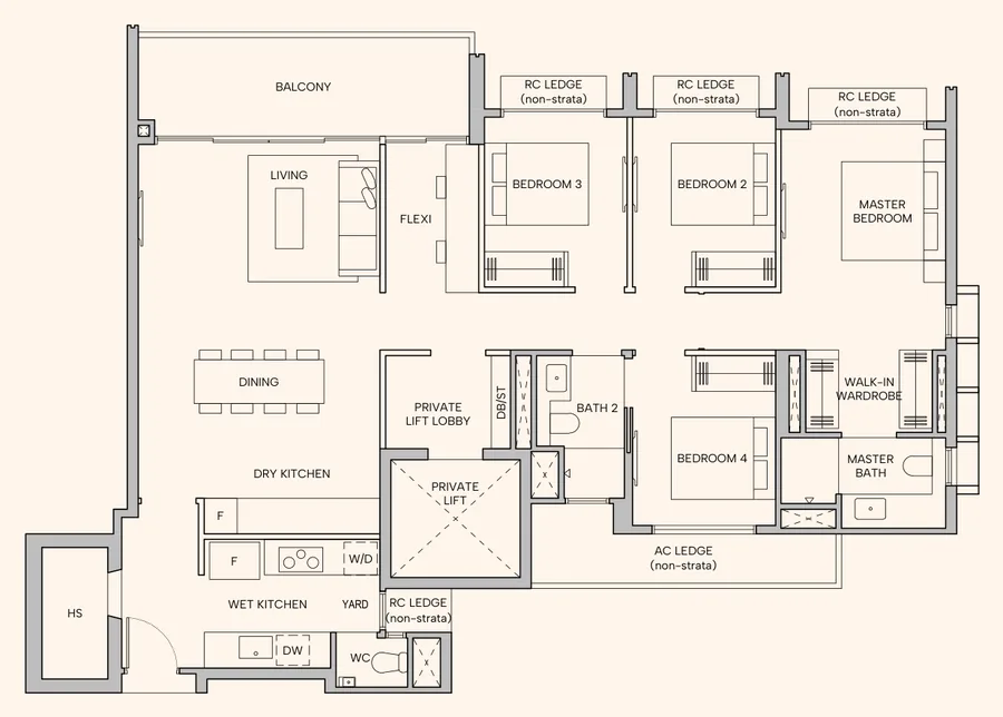 Hudson Place Residences floor plan, type D2a: 4-Bedroom Suite + Flexi, 1,432 sq ft