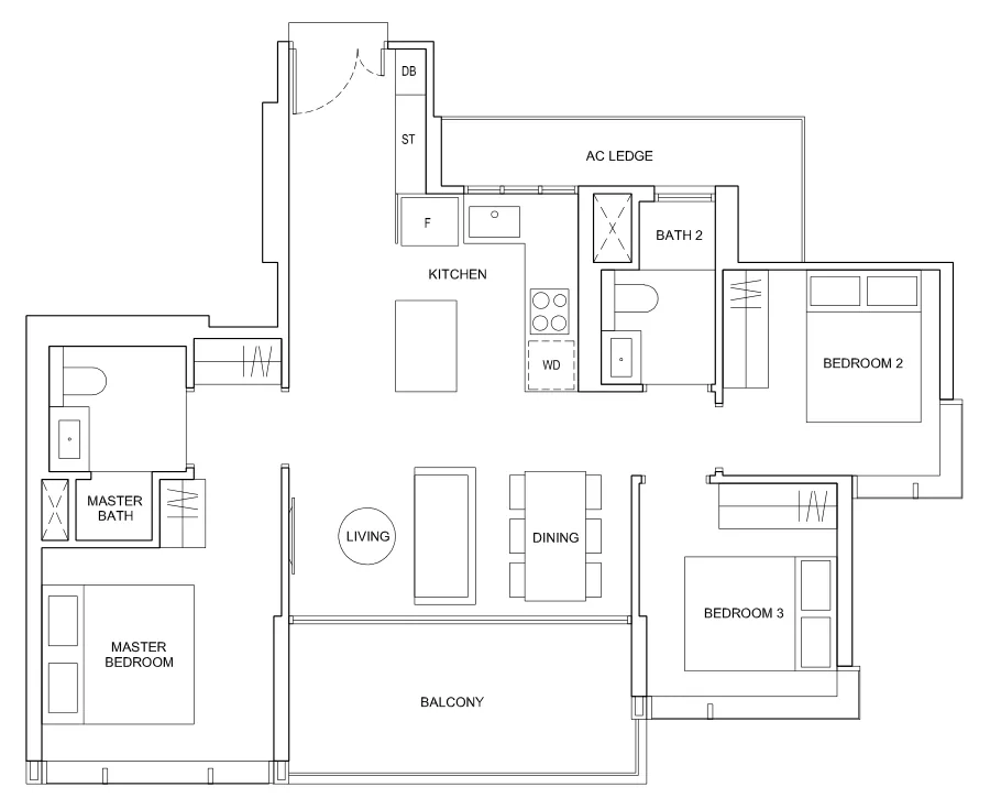 Hyll on Holland floor plan, type E: 3-Bedroom Deluxe, 936 sq ft