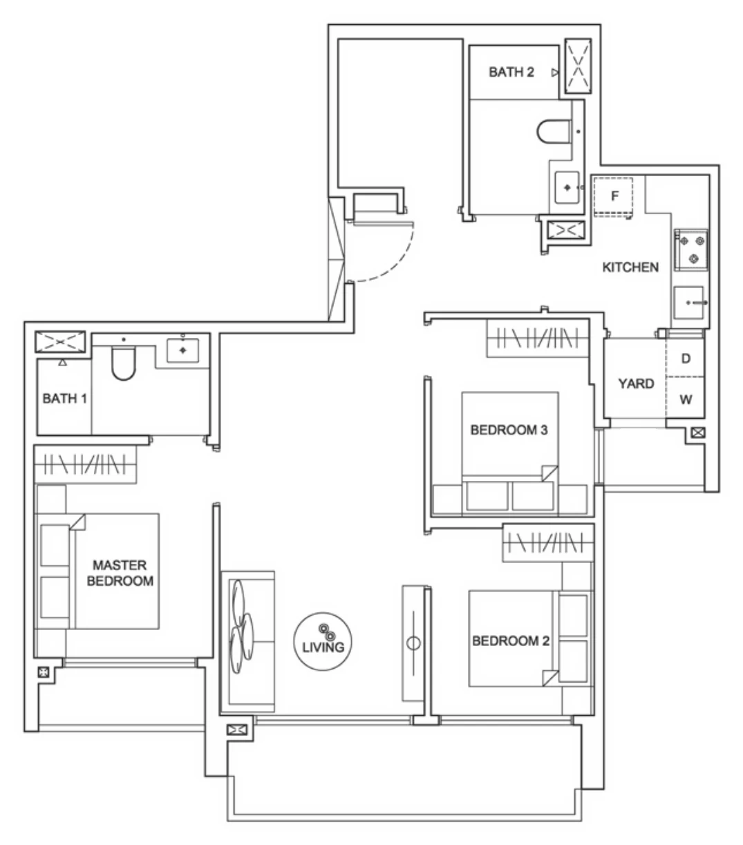 Infini @ East Coast floor plan, type C: 3-Bedroom, 969 sq ft