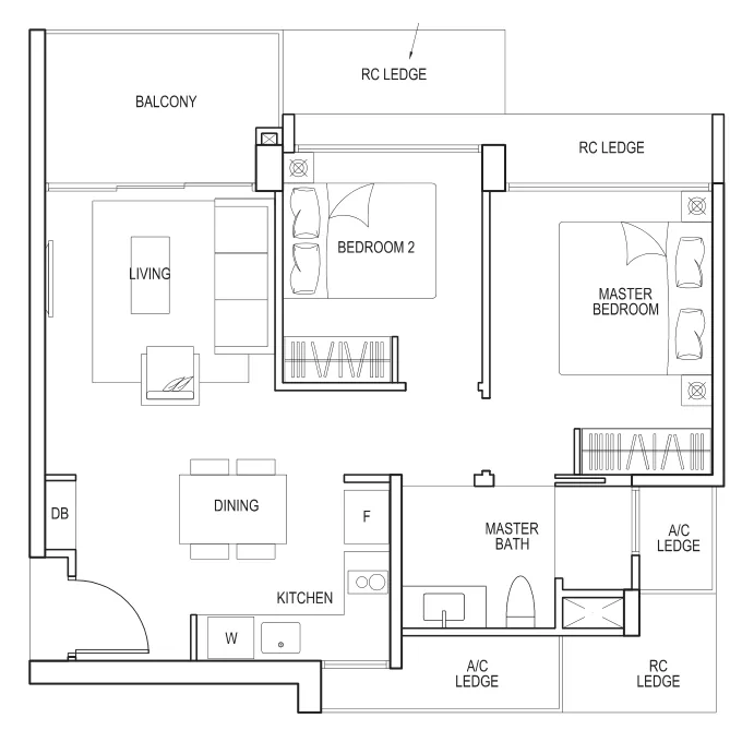 Inz Residence floor plan, type B1: 2-Bedroom, 689 sq ft