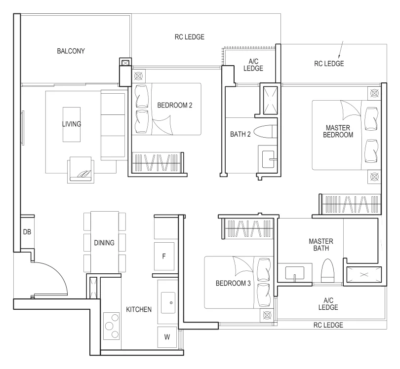 Inz Residence floor plan, type C1: 3-Bedroom, 883 sq ft