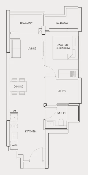 J'den floor plan, type As: 1-Bedroom + Study, 624 sq ft