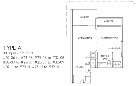 J Gateway floor plan, type A: 1-Bedroom, 474 sq ft