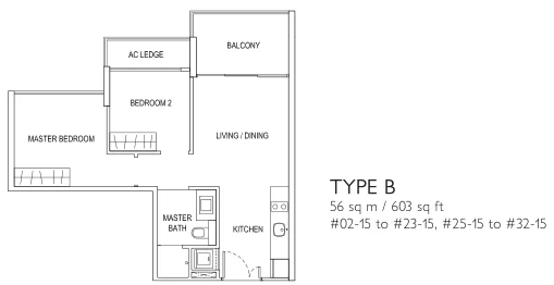 J Gateway floor plan, type B: 2-Bedroom, 603 sq ft