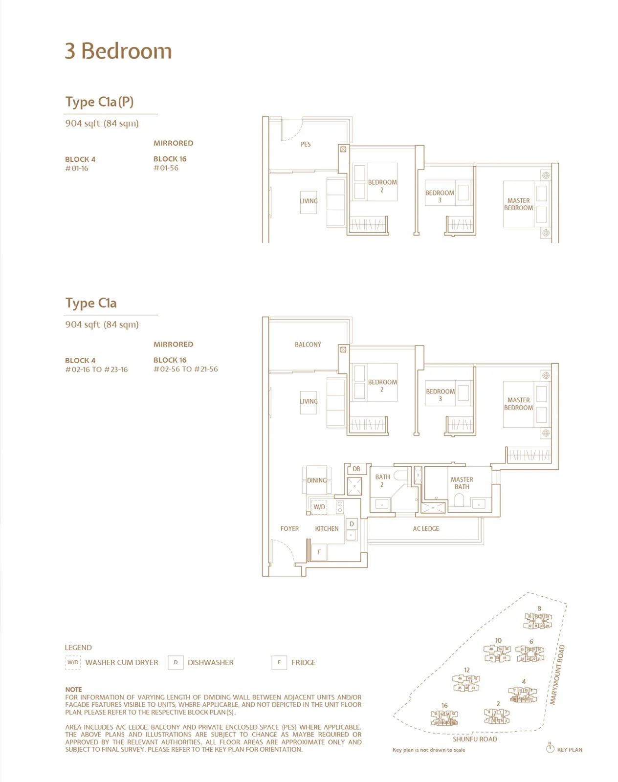 Jadescape floor plan, type C1a: 3-Bedroom, 904 sq ft