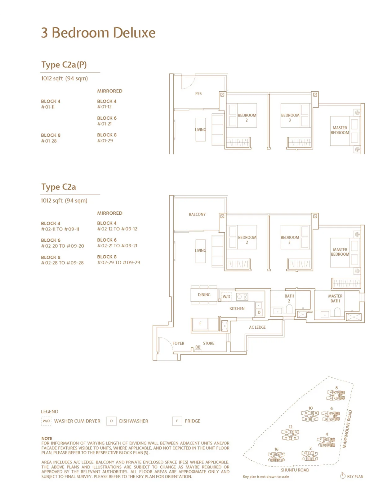 Jadescape floor plan, type C2a: 3-Bedroom Deluxe, 1,012 sq ft