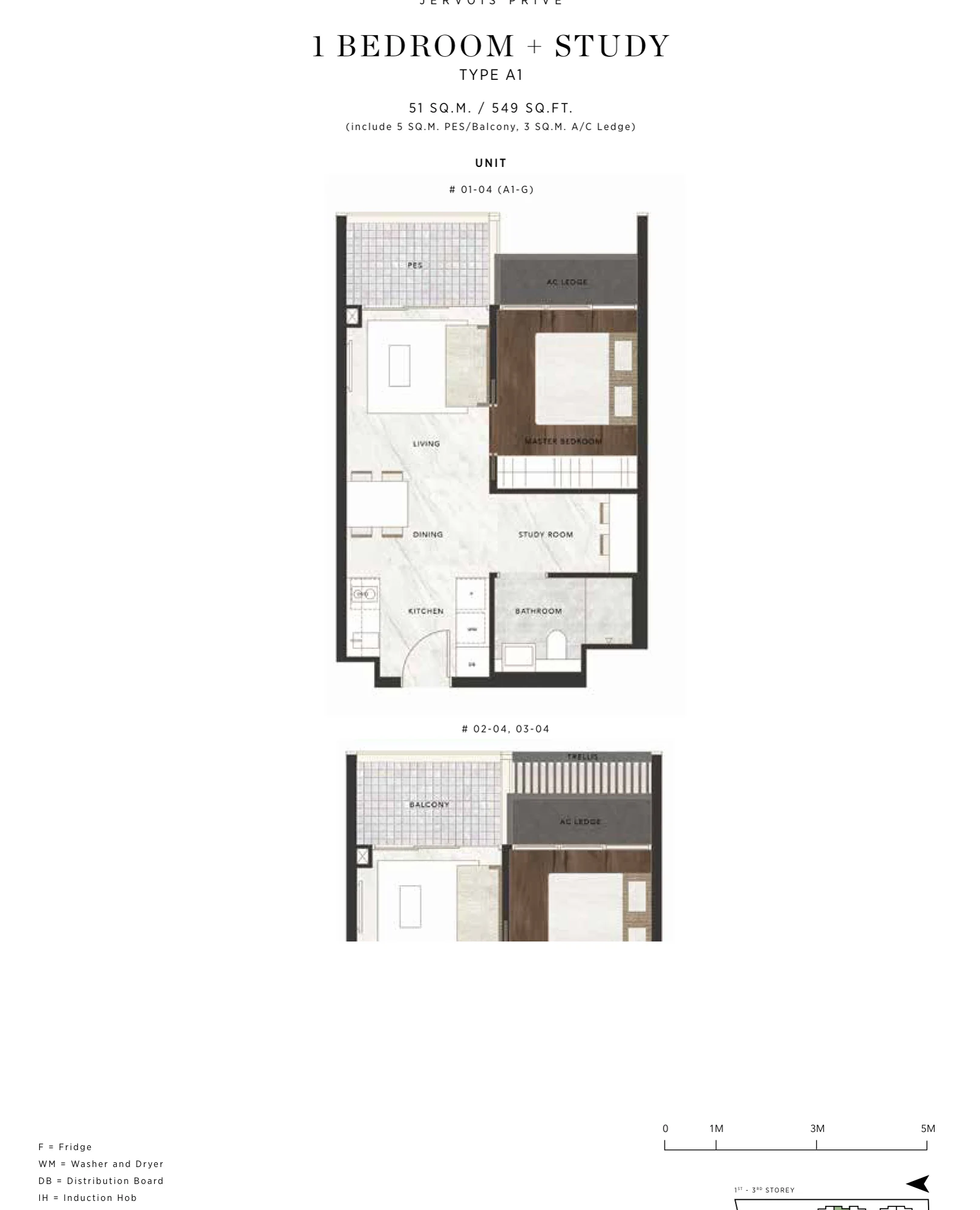 Jervois Prive floor plan, type A1: 1-Bedroom + Study, 549 sq ft