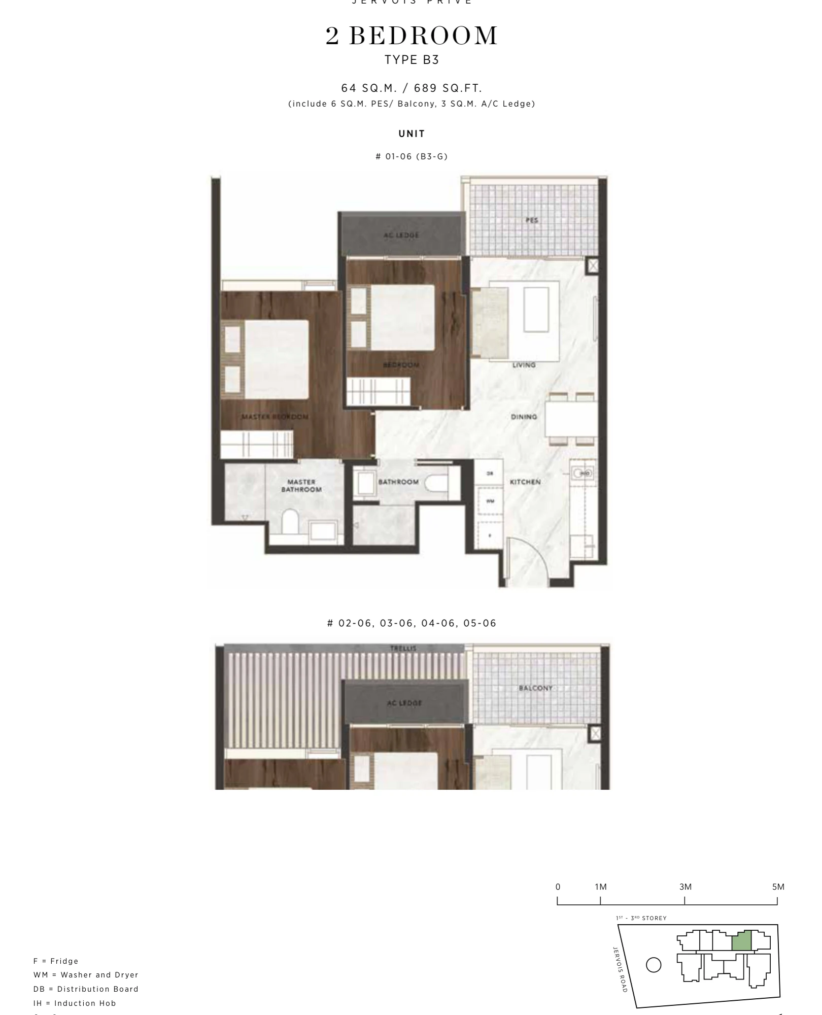 Jervois Prive floor plan, type B3: 2-Bedroom, 689 sq ft