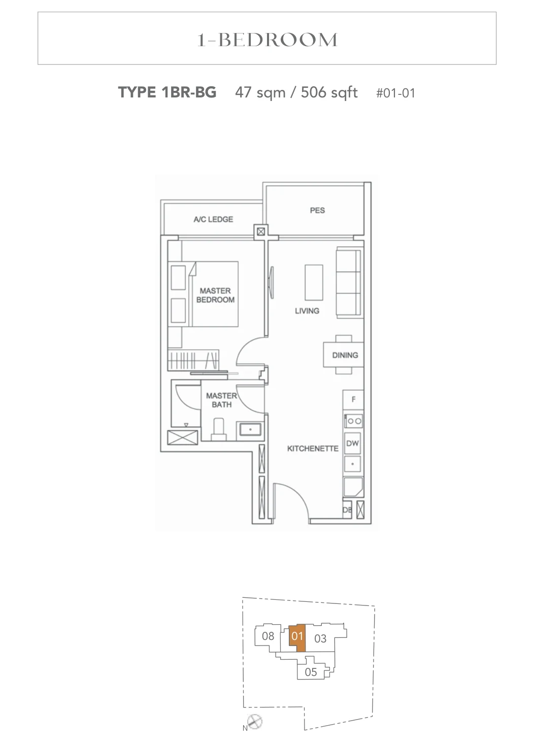 Jervois Treasures floor plan, type 1BR-BG: 1-Bedroom, 506 sq ft