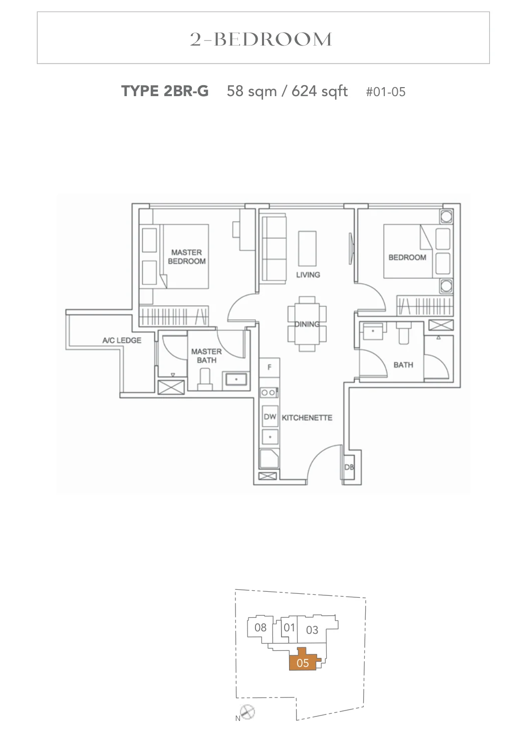Jervois Treasures floor plan, type 2BR-G: 2-Bedroom, 624 sq ft
