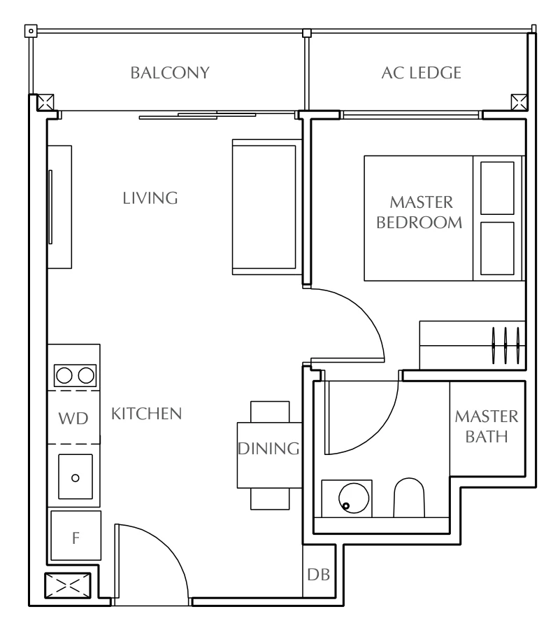 Jui Residences floor plan, type A1: 1-Bedroom, 431 sq ft
