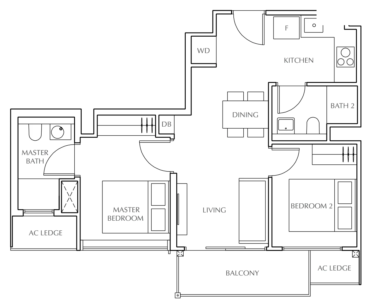 Jui Residences floor plan, type B1: 2-Bedroom, 657 sq ft